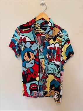 Reason Men's Multicolor Pop Art Short Sleeve Button-Up Shirt